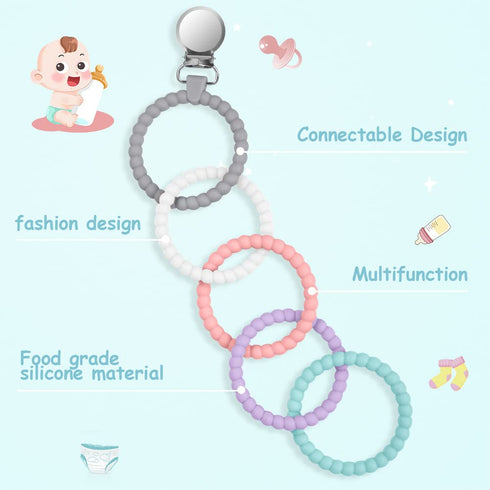 Silicone Baby Teether Links, Cutie Baby Teething Toys with Pacifier Clip, Multi Use Baby Teether Rings, Food Grade Silicone Attachable Teether Che...