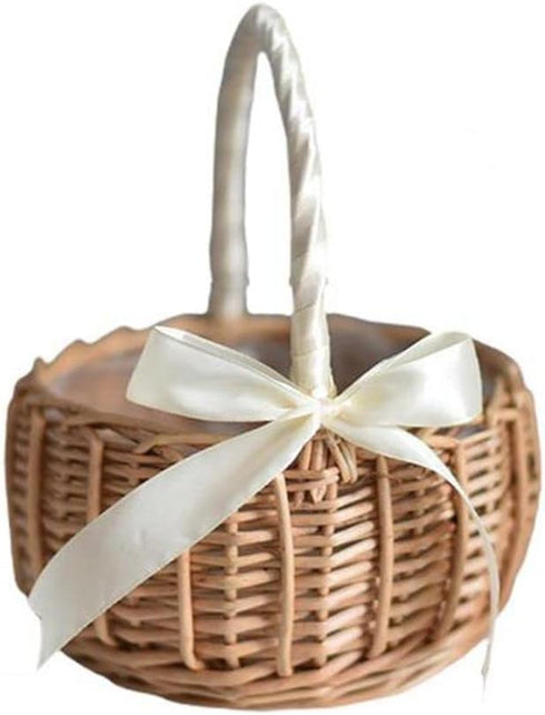 Wicker Rattan Flower Basket,Wedding Flower Girl Basket Hand Woven Flower Basket Decoration,Candy Storage Basket Home Decoration(L,white)...