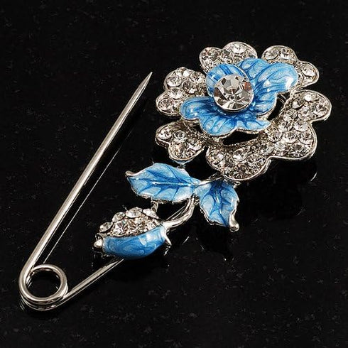 Silver Tone Crystal Rose Safety Pin Brooch (Blue)...
