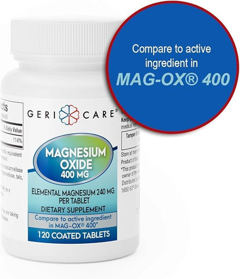 GeriCare Magnesium Oxide Supplement 240 mg of Elemental Magnesium, 120 Tablets, Essential Mineral Support, Promotes Vascular Health, Bone Strength...