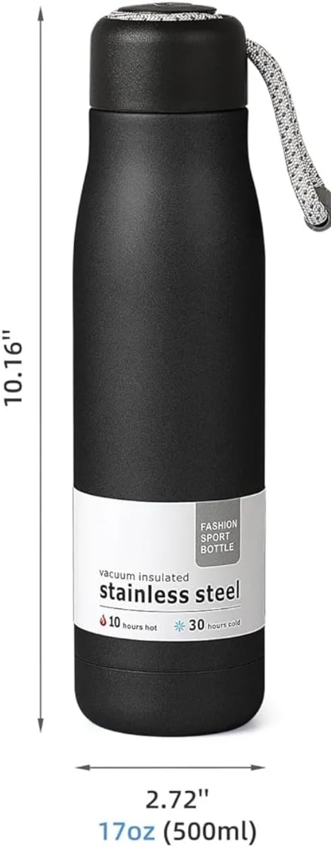 Water Bottle with Portable Lid Metal Thermos Vacuum Insulated Stainless Steel | Reusable Leak Proof BPA-Free Flask | 17oz, Black...