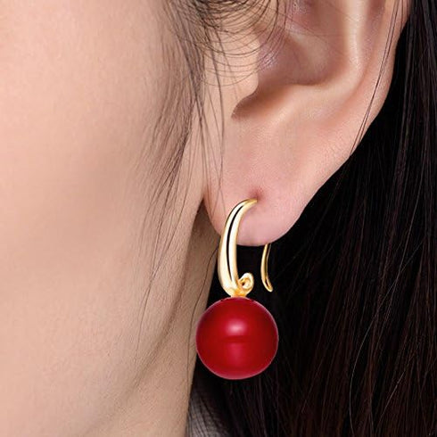Charming Earrings Drop Simulated Pearl Hook Earrings 12MM Red | Pearl Earrings for Women | Pearl Jewelry | Women's Earrings | Earrings for Women T...