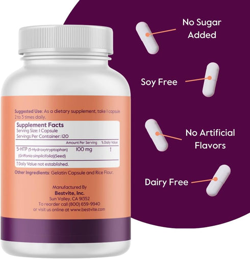 BESTVITE 5-HTP 100mg (120 Capsules) - No Stearates or Flow Agents...