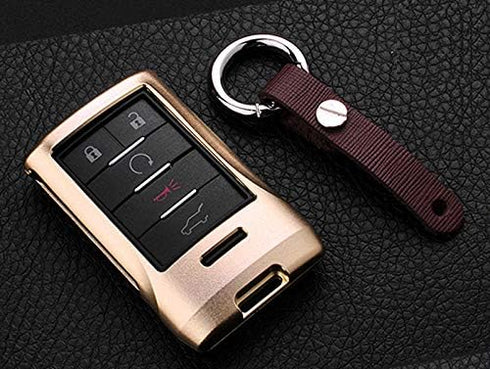 Royalfox 4 5 6 Buttons Luxury Aluminum Metal Key Fob case Cover for Cadillac SRX DTS STS XTS CTS Escalade ,Chevrolet C7 Corvette Gold...
