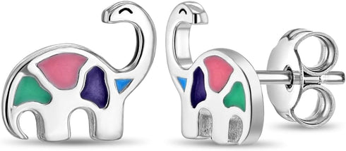 925 Sterling Silver Petite Multicolor Enamel Dinosaur Stud Earrings for Little Girls and Preteens 10mm - Dainty Dinosaur Earrings for Girls - Enam...