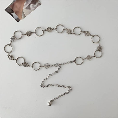 Pingyongchang Womens Metal Chain Dress Belt Retro Hollow Out Daisy Sweater Belt Decorated Skinny Waist Belt Body Jewelry Link Belts for Jeans or D...