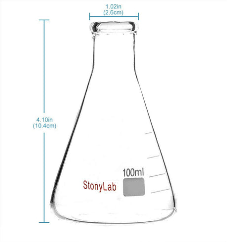 stonylab (2 Pack) 100 ml Narrow Mouth Erlenmeyer Glass Flasks with Heavy Duty Rim (100ml Fits with stonylab 5# Rubber Stopper)...