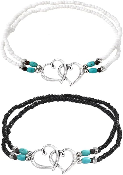 2PCS Beaded Anklets for Women with Silver Double Heart Stretch Elastic Ankle Bracelets for Women Summer Boho Jewelry...