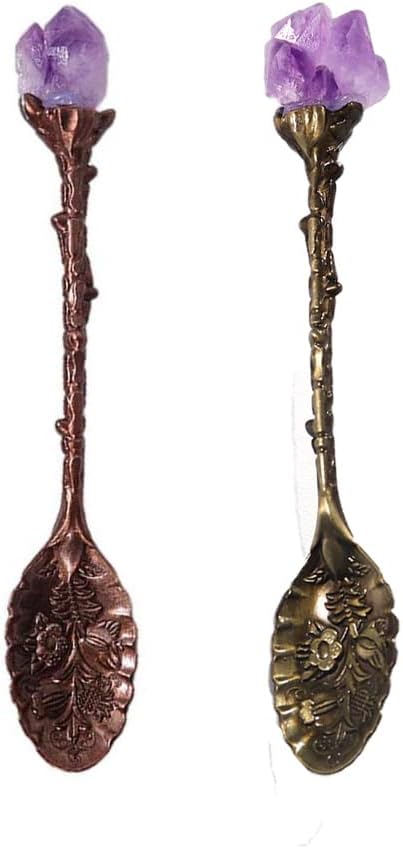 2pcs Retro Crystal Antique Spoon Coffee Spoon Tea Spoon,Amethyst Crystal Alloy Spoons,Mini Ice Cream Decorative Spoons, for Home Office...