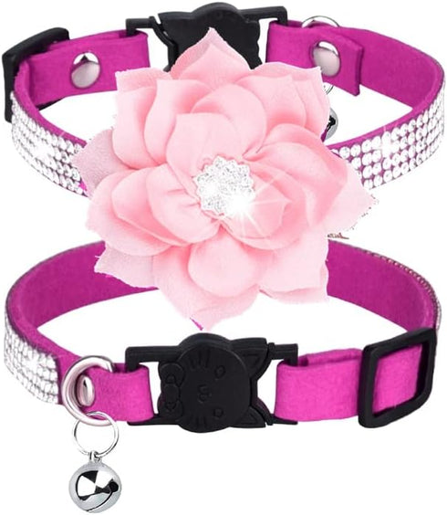 Rhinestones Dog Cat Collars with Bell Bling Pet Puppy Collars Floral Soft Velvet Crystal Collars Girl Jeweled Necklace (Hot Pink)...