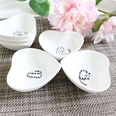 Cute Cat Ceramic Side Sauce Dishes Mini Heart shape Seasoning Dish, Sushi Soy Dipping Bowl,Serving Saucers Dishe,Meow Porcelain Small Tea Bag Hold...