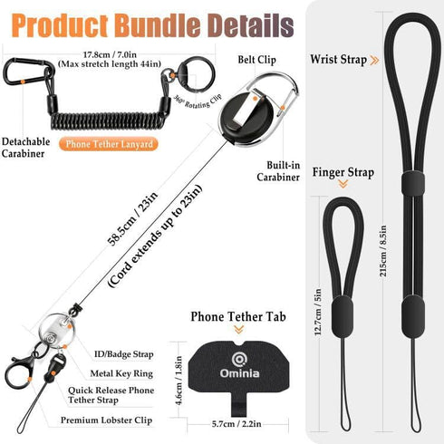 Ominia Retractable Phone Tether Lanyard: Anti-Theft Retractable Phone Lanyard with Universal Phone Tether Cord Wrist & Finger Lanyard Phone Tether...