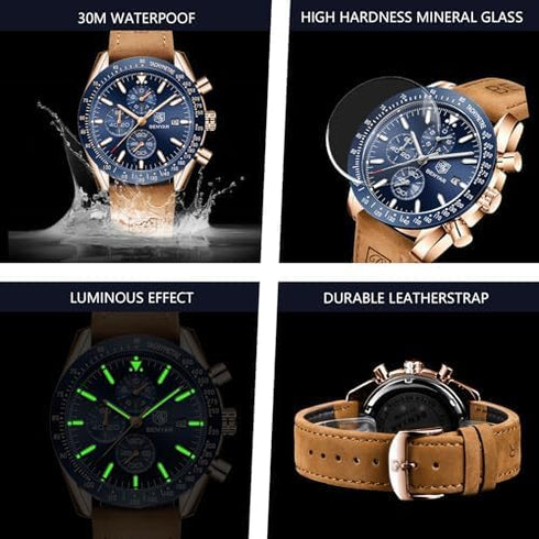 BENYAR Mens Watches Quartz Chronograph Business Luxury Brand Waterproof Wristwatches Fashion Brown Leather Watches for Men...