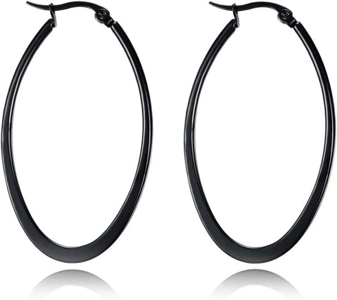 Stainless Steel Gold Thin and Flat Big Large Oval Spring loaded Hoop Earrings-black...
