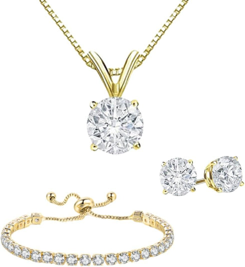 18K Yellow Gold 3 Set Created White Sapphire Round Necklace, Earrings And Tennis Bracelet Plated...