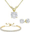 18K Yellow Gold 3 Set Created White Sapphire Round Necklace, Earrings And Tennis Bracelet Plated...