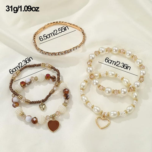 Bohemian Stackable Beaded Bracelets Set for Women Girl Multicolor Stretch Faux Pearl Heart Crystal Stretchy Bangles Multilayered Handmade Friendsh...