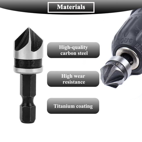 3Pcs Countersink Drill Bits 5 Flute 90 Degree Chamfering Countersink Drill Bit Set with 1/4'' Hex Shank Woodworking Chamfer Drilling Tool Carbon S...