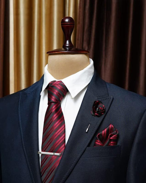 Burgandy Striped Ties For Men – Tie Set With Pocket Square Cufflinks Tie Clip Bar & Flower Brooch Pin For Mens (Pack of 5) (AXTS57)...