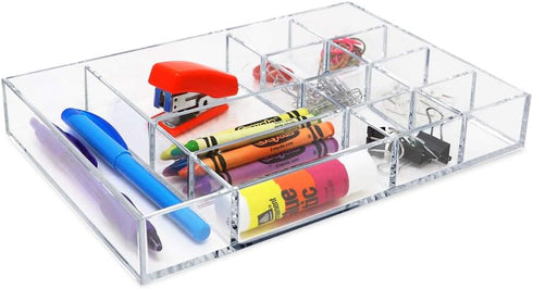 Isaac Jacobs 12-Compartment Clear Acrylic Drawer Organizer (9.4" L x 6.4" W x 1.3" H), Multi-Sectional Tray & Storage Solution for Makeup, School ...