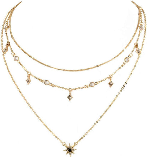 Doubnine Sun Star Dainty Gold Choker Multilayer Necklace Crysral Boho Charm Necklace for Women...