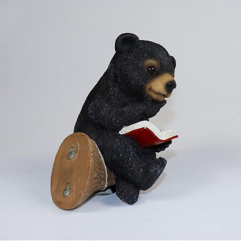 Sitting Bear Tree Hugger with Solar LED Light, Baby Bear Reading Book Garden Statue, Resin Animal Figurine Outdoor Decor, Yard Art Sculpture for L...