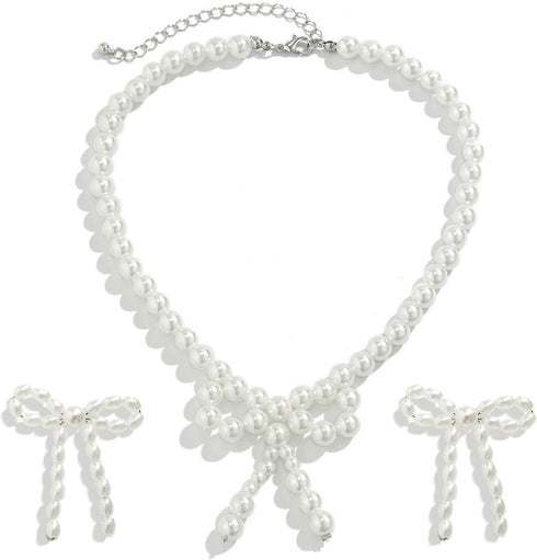 3PCS Silver Pearl Bow Necklace Bow Stud Earrings Jewelry Set for Women,Cute Bowknot Pearl Choker Necklace Stud Drop Earrings Bow Bracelet Set Gift...