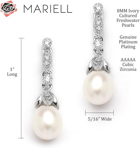 Mariell Cultured Freshwater Pearl Bridal Drop Earrings with Cubic Zirconia Crystals, Ivory Pearl Wedding Earring for Brides, Bridesmaids, Mother o...
