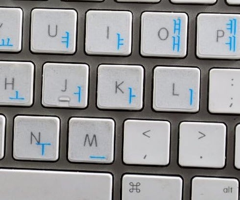 KOREAN APPLE KEYBOARD STICKER with BLUE LETTERING ON TRANSPARENT BACKGROUND...