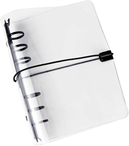 Clear A6 Binder with Elastic Band, 6 Black Rings Journal Planner Clear Budget Binder Thick PVC Notebook Cover Folder for 6 Holes A6 Grid Paper Ref...