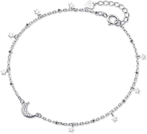 Dainty Star Crescent Moon Anklet Sterling Silver 925 Dangling Charm CZ Crystal Adjustable Foot Ankle Bracelet Sandbeach Party Foot Chain Summer Je...