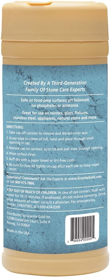 Granite Gold Surface Cleaner Wipes for Stainless Steel, Glass, Granite, Quartz, Marble Countertops, 40 Count (Pack of 1), White...