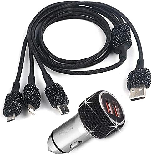 Bling Car Charger Accessories Set,Rhinestone Dual USB Car Chargers + Bling 3 in1 Nylon Braided Charging Cable,Bling Crystal Decoration Car Accesso...