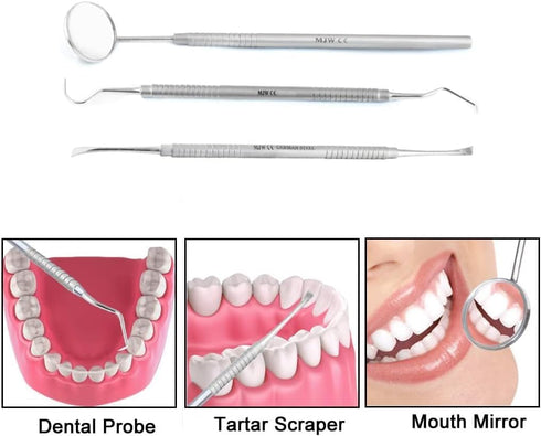 Dental Tools, 3 Pcs Dental Hygiene Cleaning Kit, Plaque Remover for Teeth, Stainless Steel Oral Care Cleaning Tools Set with Mouth Mirror, Tartar ...