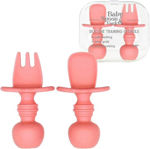 Silicone Baby Spoon and Fork Set with Custom Travel Case, Self Feeding, BPA Free, Anti-Choke (Pink)...