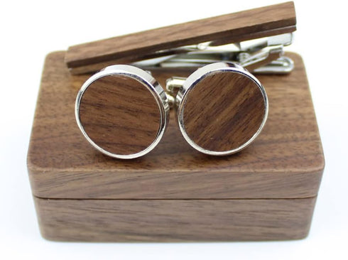 Rustic Walnut Wooden Round Cufflinks Tie Clips Set for Men with Wooden Organizer Box...