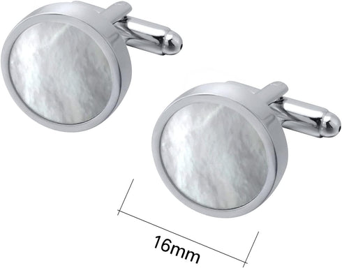 Mother of Pearl Silver Cufflinks for Men in Gift Box Round Handmade Cuff Links for Business Wedding Anniversary French Cuff Shirt...