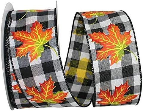 Fall Leaves Buffalo Plaid Ribbon - 2 1/2" x 10 Yards, Wired Edge, Orange Leaf, Black and White Plaid, Halloween, Thanksgiving, Fall Decor, Christm...