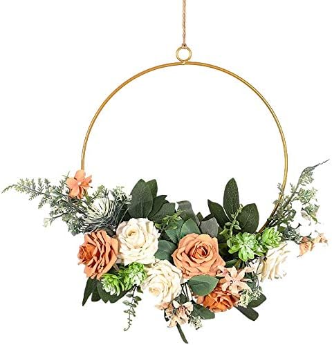 Floral Hoop Wreath Iron Artificial Rose Flower Wreath Artificial Flower Round Frame Garland for Front Door Wedding Party Nursery Decor - Orange...