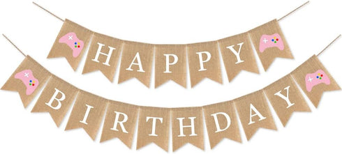 Video Game Birthday Decorations for Girls Kids and Adults, Pink Game Controller Happy Birthday Burlap Banner,Game Zone Gamer Themed Birthday Sign ...