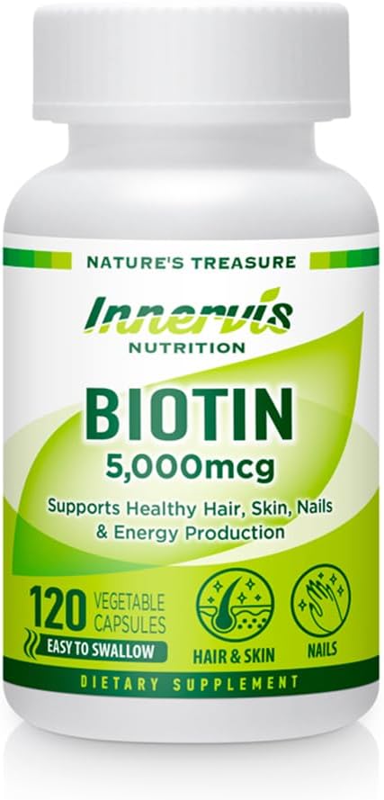 Biotin 5000 mcg Supplement – Support Healthy Hair Growth Skin Nails Energy Production 120 Veggie Capsules Vitamin B7...