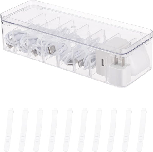 Yesesion Clear Plastic Cable Organizer Box with Adjustment Compartments, Desk Accessories Storage Case with Lid and 10 Wire Ties for Drawer, Offic...