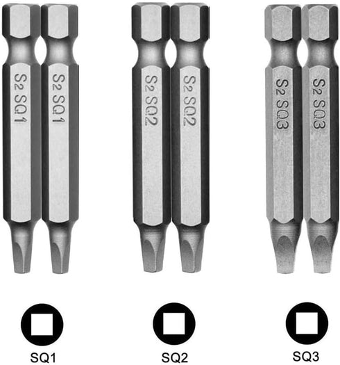 Fixinus 6 Pieces Square Screwdriver Bits, 1/4 inch Hex Shank S2 Steel Square SQ1 SQ2 SQ3 Drill Bits Magnetic Screwdriver Bit Set, 50mm Length...