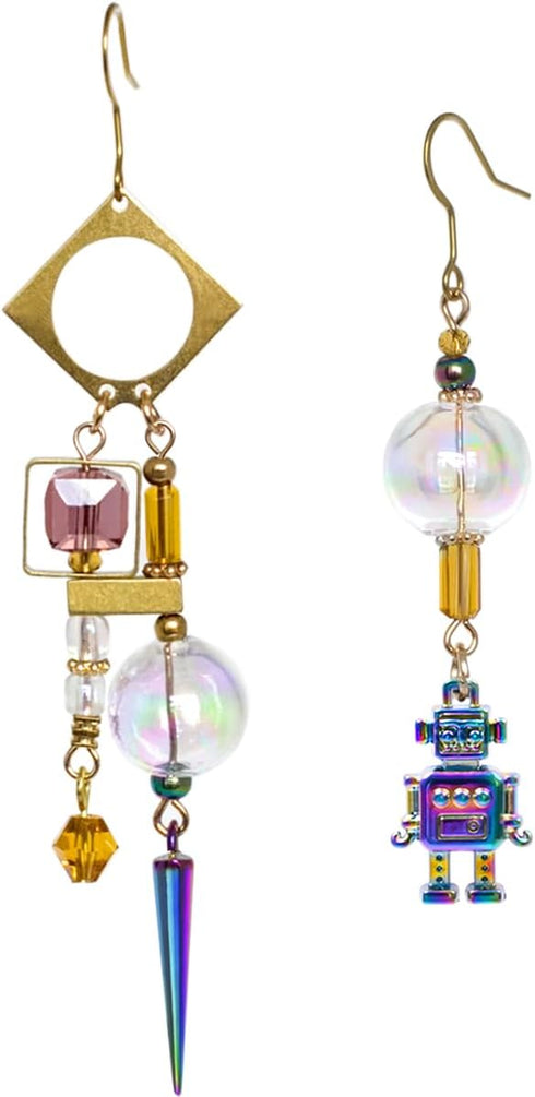 Steampunk Asymmetrical Industrial Robot Mismatched Glass Ball Dangle Earrings for Women Jewelry...