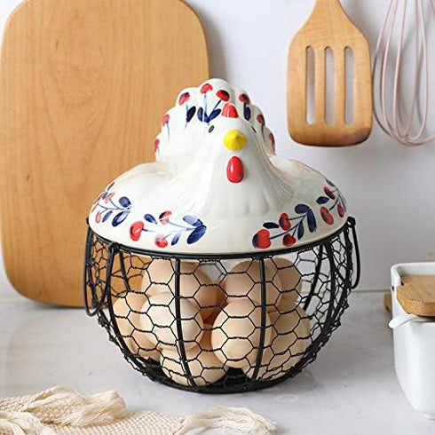 Chicken Design Ceramic Egg Storage Basket Iron Basket Holds 20-25 Eggs, Egg Holder, Organizer Case, Container Egg Basket Holder...