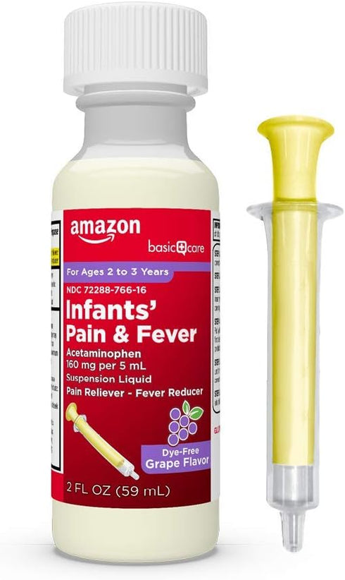 Amazon Basic Care Infants' Pain & Fever, Acetaminophen 160 mg per 5 mL, Suspension Liquid, Dye-Free Grape Flavor, 2 fl oz (Pack of 1)...