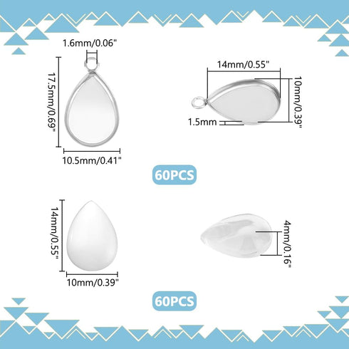 UNICRAFTALE 60 Sets 304 Stainless Steel Blank Bezels Teardrop Pendant Making Kit Oval Border Glass Cabochon Tray Charm Hole 1.6mm for Necklace Bra...