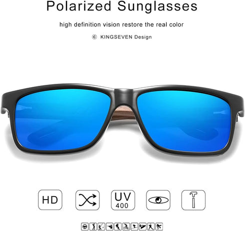 KINGSEVEN Design Wood Polarized Rectangular Sunglasses for Men, Walnut Wooden Frame Mirrored Glasses for Driving W5508...