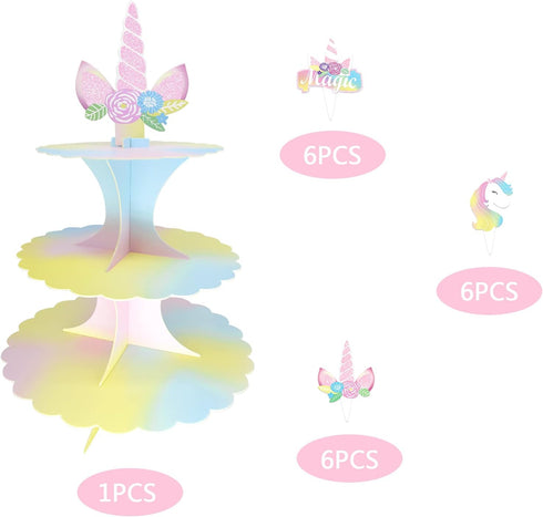 Unicorn Cardboard Cupcake Stand with Toppers 3 Tire Treat Stands Birthday Baby Shower Cartoon Theme Party Supplies Dessert Holder (1 Stand+18 pcs ...