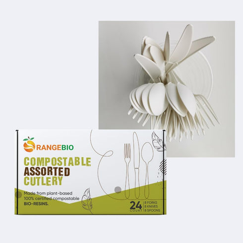 Certified Compostable Assorted Cutlery, 6.5 Inch Heavy Duty Disposable Utensils, White, 24 Count (8 Forks + 8 Spoons + 8 Knives)...